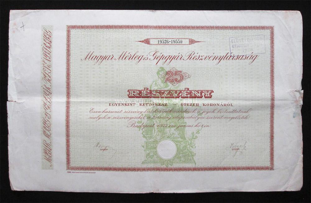Magyar Mérleg- és Gépgyár részvény 25x200 korona 1923